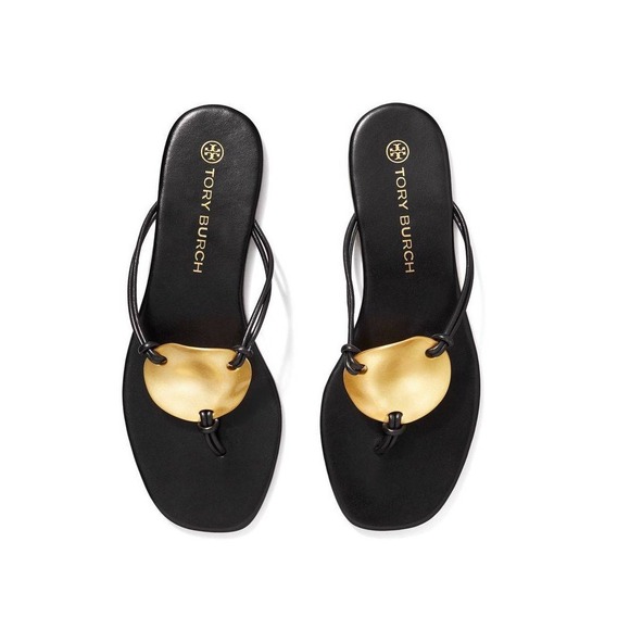 NEW TORY BURCH Patos Leather Disc Flat Thong Sandals In Black - Women's Size 8.5 - Picture 1 of 12